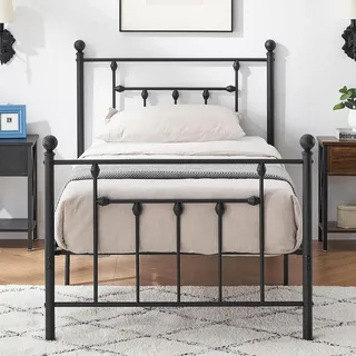 VECELO Metallbett 90 x 200 cm Bettrahmen mit Lattenrost und Hohem Kopfteil, Modern Gästebett Jugendbett, Einfacher Aufbau für Schlafzimmer Gästezimmer, Schwarz