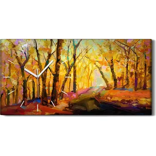 Leinwand Wanduhr Wandkunst Uhr 60x30 Foto Landschaft Bemalte Herbst Wald - weiße Hände - Orange