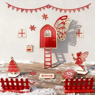 Aoiuenok Wichteltür Set Weihnachten – 19-teiliges Wichtel Zubehör mit Feentür, Wichtelhaus, Holzschlitten, Baum, Zaun – Weihnachtsdeko für Kinder & Familie