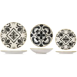 H&H Helena Tafelservice 18-teilig aus dekoriertem Stoneware, Komplettes Geschirrset für 6 Personen, Optical-Design in Schwarz und Elfenbein inspiriert von handwerklicher Majolika