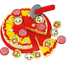 Bino & Mertens 83412 Schneide - Pizza, Spielzeug für Kinder ab 3 Jahre, Kinderspielzeug (Holzspielzeug inklusive 6 Pizzastücke, verschiedener Pizzabelag, Schneidebrett und Pizzaschneider, 31 teilig), Mehrfarbig