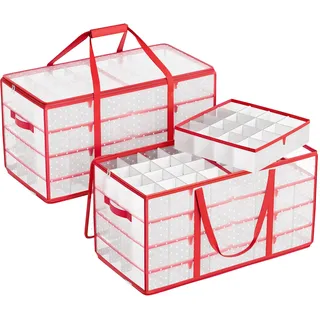 SONGMICS Weihnachts-Aufbewahrungsboxen, 2er-Set, Truhe für Weihnachtskugeln und Dekorationen, 128 Fächer, modulare Trennwände, 67 x 34 x 34 cm, halbtransparent und rot RFB029T04