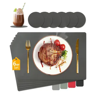 HELI MIAO Tischsets Abwaschbar,Platzsets Abwischbar, Leder,Hitzebeständig Doppelseitigen I 6er Set Platzdeckchen Lederoptik mit Untersetzer,Tischuntersetzer rutschfest,Dunkelgrau