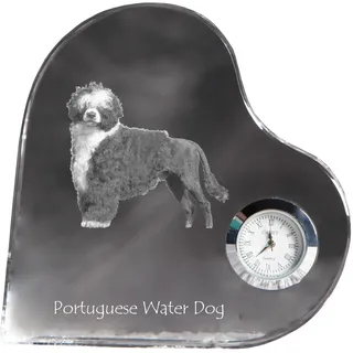 Portugiesischer Wasserhund - Kristalluhr mit einem Hundebild, Herzregal-Uhr, personalisierte Standuhr der Marke Art-Dog - Transparent