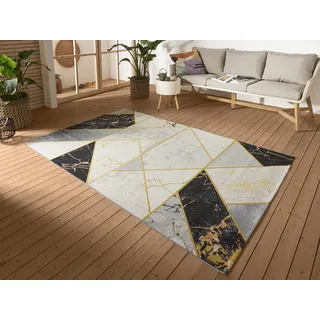 Hanse Home Noble In- & Outdoor Teppich – Flachgewebe Skandi Marmor Optik Geometrisches Muster, ÖKO-TEX Wetterfest & UV-beständig für Wohnzimmer, Balkon, Terrasse, Garten – Schwarz Grau Gold, 200x285cm