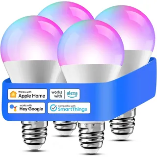 meross Glühbirne E27 Smart für HomeKit, LED Lampe WiFi Mehrfarbige Dimmbare Glühbirne RGBWW Kompatibel mit Siri, Alexa, Google Home und SmartThings, Warmweiß, 2700-6500K, 4 St