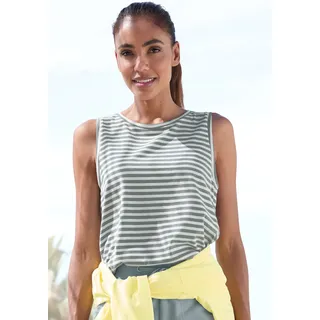 Tanktop ELBSAND "Maavi", Damen, Gr. XXL (44), grau (weiß, seegras gestreift), Jersey, Obermaterial: 50% Baumwolle, 50% Polyester, gestreift, figurumspielend hüftlang, Rundhals, Tops Tanktop, mit Streifenmuster, Topseller