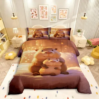 Homewish Cartoon Märchen Capybara Bettwäsche 135x200 3D Süßes Nagetier für Jungen Mädchen Bettbezug Märchenhafter Sternenhimmel Bettwäsche Set Capybara Mutter Kind Herzerwärmend Beruhigend Bedding