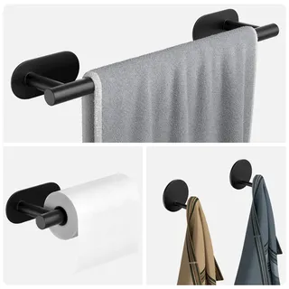 Newaner Handtuchhalter Toilettenpapierhalter Haken Ohne Bohren Bad Schwarz Matt, Klebehaken, Klopapierhalter, Handtuchstange, Vierteiliges Inklusive Badetuchhalter, Klorollenhalter, Handtuchhaken