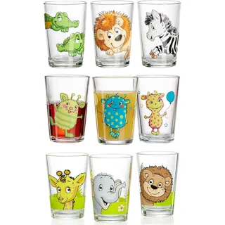 Kinderbecher RITZENHOFF & BREKER "Kindergläser verschiedene Motive 205 ml 9er Set bunt", bunt, 9 tlg., Glas, Trinkgefäße, Kinderbecher