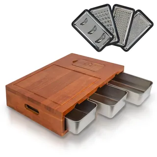 Echtkern® Premium XXL Küchenstation Schneidebrett mit Auffangschalen aus Kautschukholz 50x35 cm - Messerschonendes Holzbrett - Schneidebrett-Set mit 4 Edelstahl-Reiben