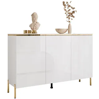 Lookway Kommode Aurora 3D Weiß / Weiß hochglanz mit gerade Goldchrom Fuße , Holzwerkstoff , Uni , Rechteckig , Rundrohr , 140x91x40 cm , Kleinmöbel, Kommoden, Kommoden