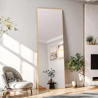 Rechteckiger Kosmetikspiegel aus gehärtetem Glas, goldfarbener Aluminiumrahmen, 162 x 53 cm, elegantes, modernes Design für Schlafzimmer oder Badezimmer - Gold