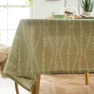 hometrixx Rechteckige Tischdecke 140x180 cm, Landhausstil Tischtuch aus Baumwolle-Leinen-Mix mit Blumen für Esstisch Küche Garten Grün