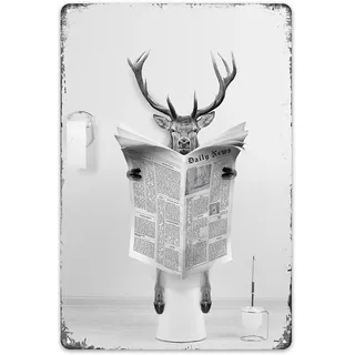 Lustiges Metall-Blechschild mit Hirschmotiv, perfekte schwarze und weiße Badezimmer-Dekoration für WC-Wände, 20,3 x 30,5 cm