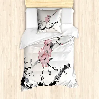 ABAKUHAUS Blume Bettbezug Set für Einzelbetten, Asiatische Aquarellkunst, Milbensicher Allergiker geeignet mit Kissenbezug, Pink Schwarz