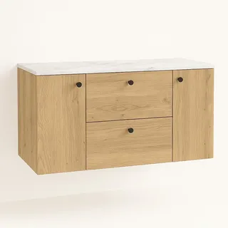 WENA Waschtischunterschrank mit 2 Türen und 2 Schubladen 120 cm, glatte Fronten, schwarze Metallgriffe Beti (Farbe: Eiche Cremona/Marmur Bianco) - Bronze, Beige