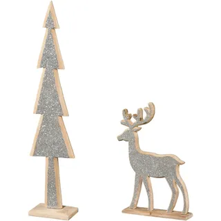 Weihnachtsfigur CREATIV HOME "Tannenbaum und Hirsch", silber, B:14,5cm H:69cm T:7cm, Dekofiguren, Weihnachtsfigur, mit Glitter