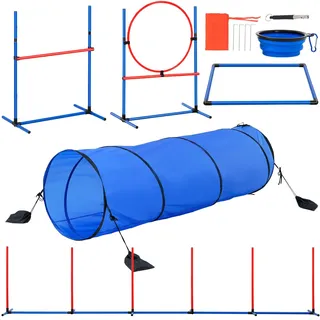 VEVOR Agility Set Hunde, 5-teiliges Set mit verstellbaren hohen Hürden, 6 Slalomstangen, Tunnel, Sprungring, Pausenbox, Pfeife, Faltbarer Schüssel, Hindernisparcours-Set mit Aufbewahrungstaschen