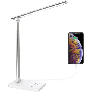 Amnossi Schreibtischlampe LED Dimmbare Tischleuchte 5 Farb und 5 Helligkeitsstufen Nachttischlampe USB-Anschluss für Aufladung des Smartphones Leselicht für Leser, Kinder, Silver
