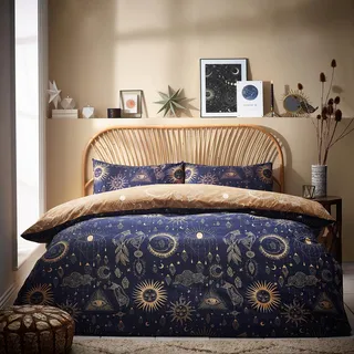 furn. Sternbild Himmels-Bettwäsche-Set, Kingsize, Gold/Marineblau