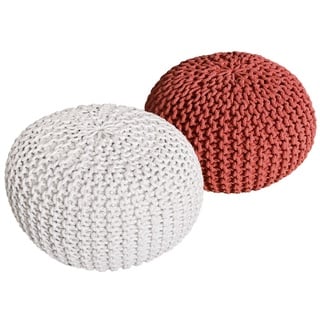 kreatives Wohnen Pouf Set 2 Stück Strickhocker Bodenkissen Grobstrick-Optik Ø 55 cm H 37 cm weiß & Terracotta Sitzhocker