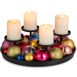 Sziqiqi Adventskranz Modern Metall Schwarz, 30cm Rund Tablett | Adventsgesteck Gestell mit Kerzenhalter, Kerzentablett für 4 Stumpenkerzen, Advent-Kerzenständer für Weihnachtsdeko Tisch