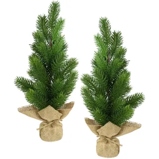 Künstlicher Mini-Tannenbaum in Jute 2er Set, 38cm Deko Kleiner Christbaum Weihnachtsbaum Kunst Kunsttanne Kunstbaum Dekobaum Koniferen X'Mas Weihnachtsdeko Adventsdeko Kunstpflanze Tanne