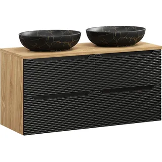 Doppelwaschtisch 120cm in Eiche mit schwarz, OLUO-56-BLACK, Front mit 3D-Struktur in Wellenoptik - Schwarz