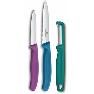 Victorinox Swiss Classic Gemüsemesser Set mit Sparschäler, Schälmesser und Tomatenmesser, 3-teilig, Extra Scharfe Klinge, Farbig