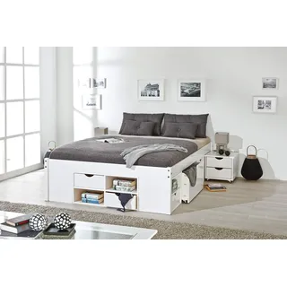 Inter Link - Funktionsbett - Bett mit Schubladen - Doppelbett 140 x 190 cm - 2 Große und 4 kleine Schubladen - Nachtkommode - Kiefer massivholz - Inkl Lattenrost - Weiß lackiert - Till