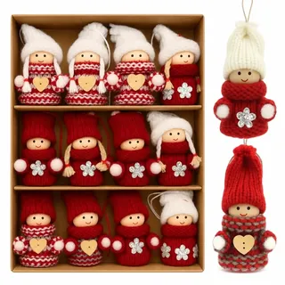MIJOMA 12er Set Weihnachtswichtel – Handgemachter Baumschmuck aus Holz & Stoff – Deko-Wichtel für Tannenbaum Adventskranz Geschenkanhänger (Wichtelkinder mit Mütze)