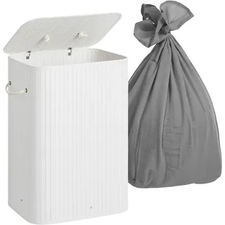Relaxdays Wäschekorb mit Deckel, 2 Fächer, Bambus, 105 l, faltbar, HxBxT: 63 x 52 x 32 cm, Wäsche Sortiersystem, weiß