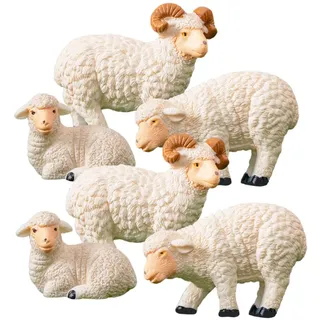 BESTonZON 6 Stück Miniatur Schaffiguren aus robustem Kunstharz, Weiße Schafe & Ziegen für Gartendekoration, Minigarten & Mikrolandschaften