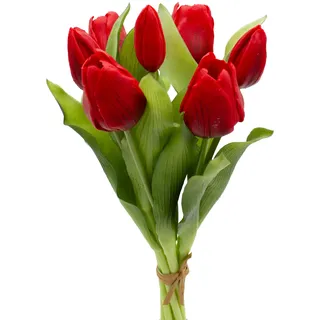 mucplants künstliche Tulpen Tulpenbündel mit 4 Tulpen und 3 Tulpenknospen real Touch (Rot)