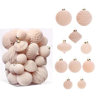 Fouriding 35pcs Beflockt Weihnachtskugeln Set,Weihnachtsschmuck beflockte Kugeln Kugeln Weihnachtsbaum Anhänger Hängende Dekorationen für Xmas Tree Weihnachtsfeier Weihnachtsdekoration (Beige)