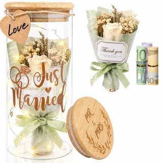 SENLINLIN Hochzeitsgeschenke für Brautpaar, LED Flaschenlicht Hochzeit Geldgeschenk mit Trockenblumen & Anhänger, Just Married Spardose, kreative Geldgeschenke zur Hochzeit