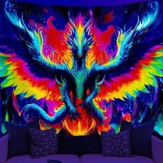 WEBEEDY Schwarzlicht Drachen Wandteppich UV Reaktive Blacklight Poster Tapisserie Coole Böse Drachen Wandbehang Hintergrundposter Für Zuhause Halloween Weihnachten Dekorationsprop (150x130cm)