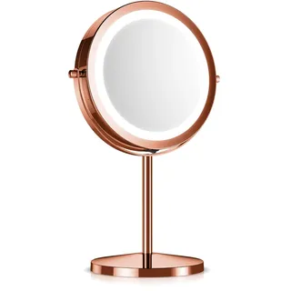Navaris Kosmetikspiegel mit LED Beleuchtung - Spiegel mit 5fach Vergrößerung Make Up Standspiegel - Schminkspiegel beleuchtet 360° drehbar in Kupfer