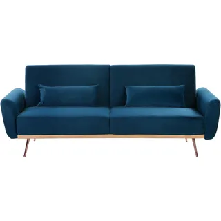 BELIANI 3-Sitzer Sofa Marineblau Samt mit Schlaffunktion 2 Dekokissen Hohe Schlanke Metallbeine Schmale Armlehnen Retro Design Wohnzimmer Schlafsofa - Blau, Kupfer