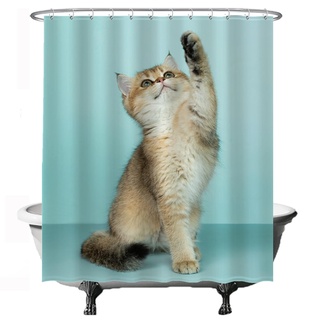 Ulticool Duschvorhang - Süße Katze - 180 x 200 cm – Waschbar – Anti Schimmel - Wasserdicht - mit 12 Ringe - Blau Beige