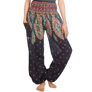 Lofbaz Damen Haremshose Yogahose Pumphose Hippie Hose Boho Kleidung Festival Outfit Sommerhose Leicht Sommer Hosen - Floral 3 Dunkelblau S