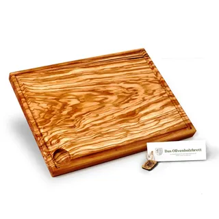 DAS OLIVENHOLZBRETT® Schneidebrett mit Saftrille aus Olivenholz/Tranchierbrett rechteckig/großes Barbecuebrett ca. 35cm x 25cm x 2cm