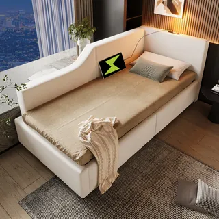 okwish Schlafsofas Tagesbett 90x190cm mit hydraulischem Stauraum, Leselichtfunktion und USB-C-Ladefunktion, Polsterbett Kinderbett Jugendbett Bettgestell mit Lattenrost, Samt Beige - Beige