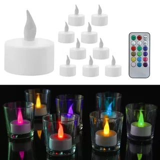 LED Teelicht 10er Set | Ø 3,5 cm weiß Fernbedienung inkl. Batterien | Timerfunktion flammenlos (1 x 10er Set Teelichter bunt)