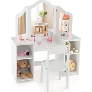 COSTWAY 2 in 1 Kinder Schminktisch-Set, Schreibtisch mit Stuhl & abnehmbarem Spiegel, Frisiertisch Mädchen mit offenen Fächern, Frisierkommode Holz, Schminkkommode (Mit Stuhl, Weiß) - Weiß