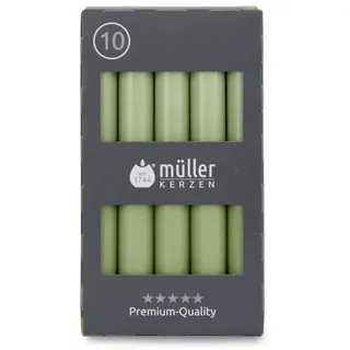 Müller Kerzen - Stabkerzen Grün - 10er Set Tafelkerzen - 6 Stunden Brenndauer - 20 × 175 mm - Tropfarm, Raucharm, Duftfrei - Leuchterkerzen für Kerzenhalter & Tischdekoration - RAL-zertifiziert