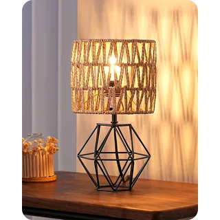 EDISHINE Tischlampe Wohnzimmer, Boho Tischleuchte mit gewebtem Papierseil-Schirm in Metallgitter-Optik, E14 Nachttischlampe Vintage für Schlafzimmer, 29 cm, inkl. 4W LED-Leuchtmittel, Schwarz