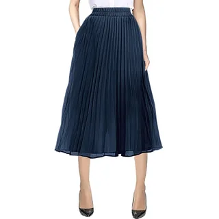 Urban Coco Damen A-Linie Elastischer Wasit Chiffon Midi Rock Flare Faltenröcke mit Taschen, Marineblau, Mittel