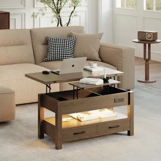 COLAMY 101,6 cm Smart Lift-Top Couchtisch für Wohnzimmer, 4-in-1 multifunktionaler moderner Couchtisch mit Aufbewahrungsschubladen, LED-Licht und Ladestation, Landhaus-Holz-Couchtisch, Walnuss